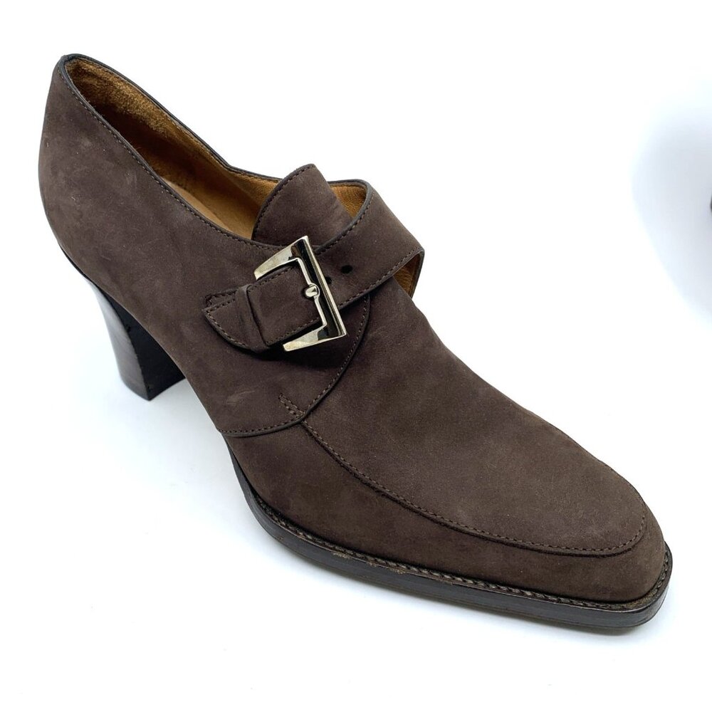 Faconnable Womens Buckle Pilgrim Shoes Brown Suede Size 6B Leather Vibram Sole - Picture 5 of 15